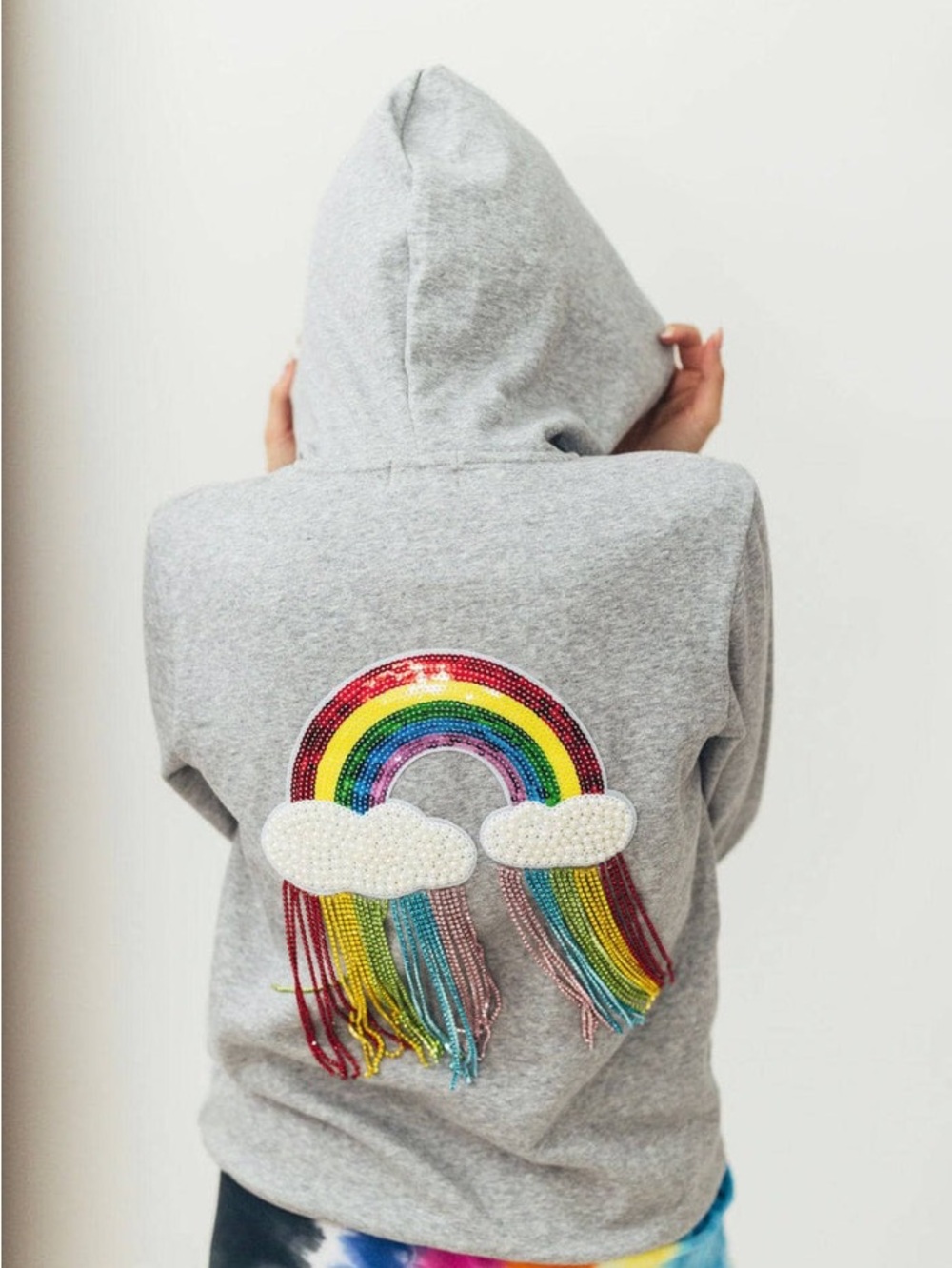 Lola + The Boys Heather Gray Hoodie with Rainbow Sequin Patch